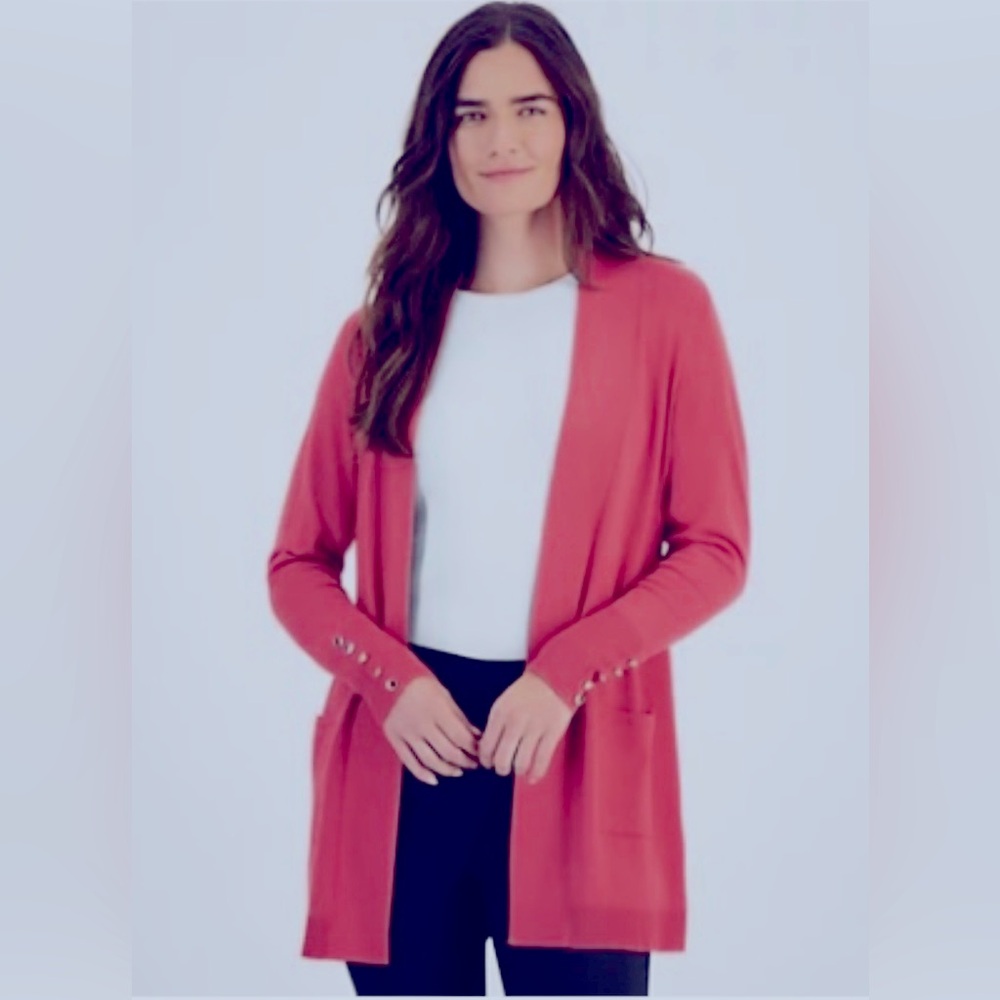 New in 2025  open cardigan sweater like new- coral color-all year wear weight